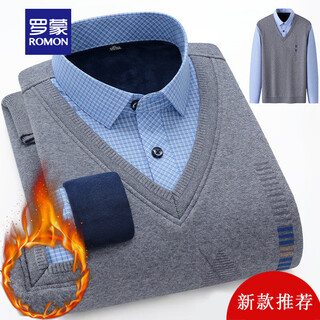 Romon winter men's warm shirt fake two-piece long-sleeved velvet thickened shirt middle-aged business casual sweater 8658-872 velvet thickened 2xl