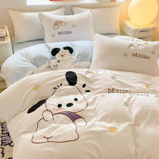 Wing fantasy 2025 new milk velvet four-piece winter bed sheet quilt cover children's three-piece coral velvet flannel bed sheet baby velvet pacha dog white + blue 1.5m bed bed sheet four-piece set - suitable for 200x230c