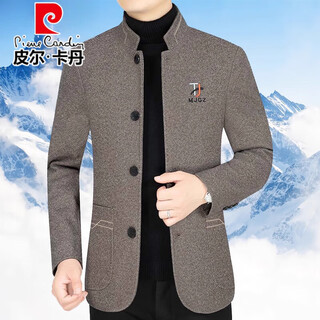 Pierre cardin high-end woolen jacket men's spring and autumn new business casual stand-up collar tunic daddy top 5206f coffee color and cotton xl 180 suitable for 135--155jin jin equals 0.5 kg