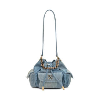 Off white women's bucket bag drawstring closure front pocket design adjustable shoulder straps multi-pocket storage denim light blue blue tu