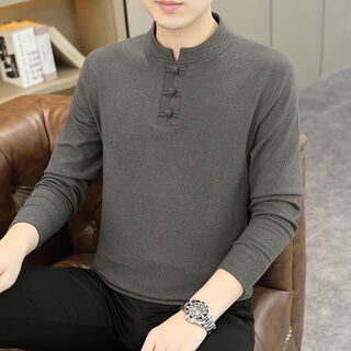 Jingyan selects stand-up collar long-sleeved t-shirt for men in spring, autumn and winter chinese style henry collar polo shirt with buckle inside 8806 gray m m