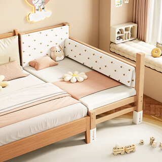 Height-adjustable beech children's spliced bed with guardrails, widened bed spliced bedside baby crib, solid wood crib, two sides with side rise + 7a antibacterial cotton bedside 200x100cm