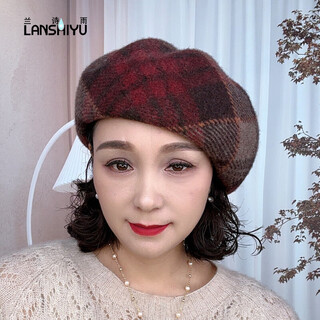 Lanshiyu (lanshiyu) new autumn and winter wool hat for women british plaid pumpkin hat to keep out the cold and show face small casual beret red brown one size (52-58cm)