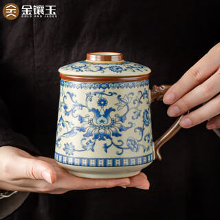 Gold inlaid jade imitation song dynasty ru kiln tea cup, ceramic tea cup with filter, mug, office home tea set, lotus tangled blue and white