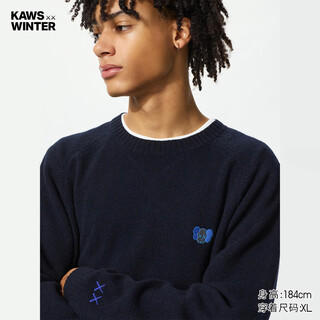 Uniqlo men's and women's kaws soft sheep wool crew neck sweater long-sleeved sweater sweater autumn and winter 485271 69 navy blue l