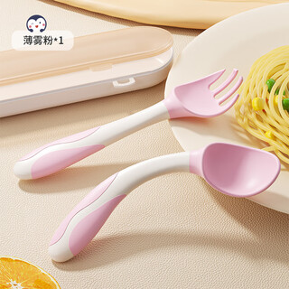 Kaooseen baby learns to eat and trains to eat independently, baby food supplement spoon, twisted curved head fork and spoon set, children's tableware, mist powder (with storage box)