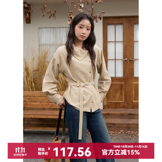 Mystery show new khaki waist shirt 2025 winter belt design asymmetric retro brushed thickened shirt khaki check s