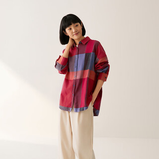 Muji women's flannel shirt collar wide long sleeve shirt women's plaid shirt jacket fall 25 bc2bcc5a red plaid l (165/88a)