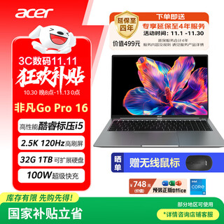 Acer extraordinary go pro national subsidy 16-inch thin and light 2.5k screen 120hz student office laptop (13th generation i5-13500h 32g 1t) gray