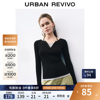 Ur2025 new autumn women's contrasting color fake two-piece stitching slim long-sleeved t-shirt uwj450109+ black m