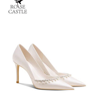 2025 pearl chain engagement shoes for women french white main wedding shoes banquet dress fine elegant high heels bridal shoes white 6cm 34 34