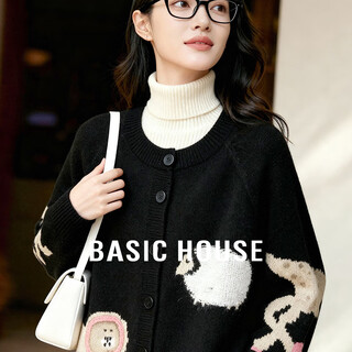 Basic house basic house/baijiahao sheep wool knitted cardigan for women autumn fun animal jacquard loose sweater jacket black m