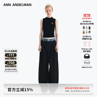 Ann andelman wang yuwen's same style official direct denim waistband spliced trousers straight trousers black m