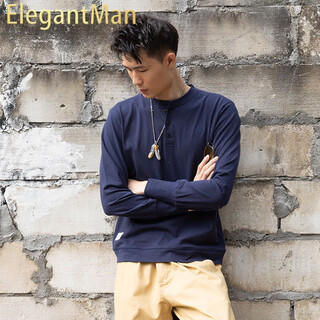 Elegantman american retro henley long-sleeved t-shirt henley open-neck color bottoming shirt men's ami khaki t-shirt navy s