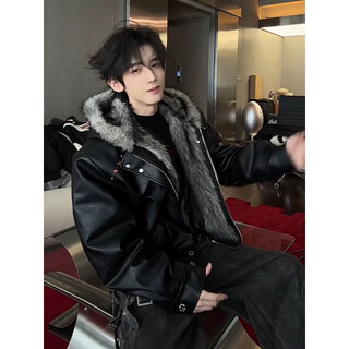 The most beautiful black hooded mountain carving leather jacket and cotton jacket for men in winter plus velvet and thickened handsome fur collar cotton jacket black 2xl recommended 140-160jin jin is equal to 0.5 kg