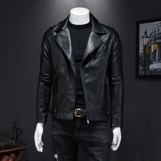 Motorcycle soft leather jacket men's trendy jacket lapel cycling slim korean style handsome haining street rock harley black regular style m m