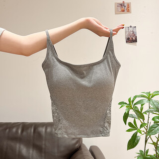 White hollow lace back camisole with breast pads for women, summer niche backless slim top, light gray m