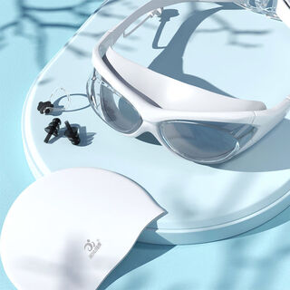High-definition anti-fog and waterproof swimming goggles with prescription large-frame diving swimming goggles for men and women, swimming cap equipment, elegant white + white silicone cap + black nose clip earplugs, flat