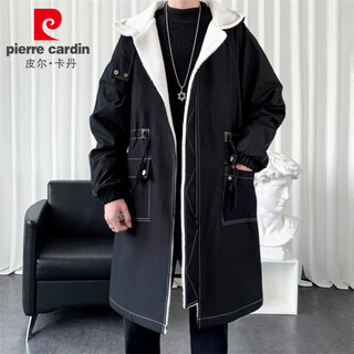 Pierre cardin windbreaker men's mid-length coat autumn and winter warm cotton coat winter velvet thickened sherpa coat hooded cloak black-velvet thickened xl 140-160jin jin equals 0.5 kg