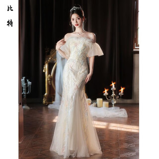 Mouth-turn one-shoulder evening dress for women, new style, light luxury, niche high-end banquet and adult ceremony, stunningly beautiful fishtail skirt, picture color xs