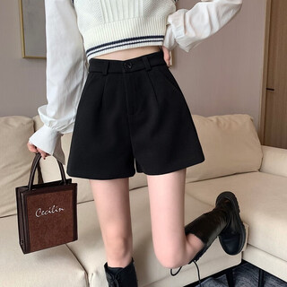 秋冬毛呢短裤女2025新款黑色小个子高腰阔腿裤子休闲A字外穿靴裤 黑色【赠送装饰腰带】【后腰松紧】 S  100以内