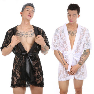 Lace floral bathrobe for men, sexy transparent mid-length pajamas, lace-up bath skirt, home wear nightgown, 1 piece black + 1 piece white, 2 pairs of thongs 170-175()