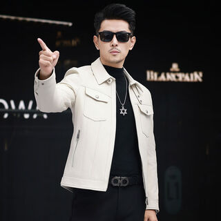 Xinu pai autumn and winter genuine leather jacket men's sheepskin short motorcycle haining pure leather jacket slim fit korean style plush jacket trend white single style l l weight 100jin jin is equal to 0.5kg -120jin jin is equal to 0.5kg