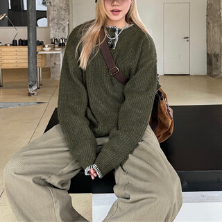 Fei ramie american retro 2025 autumn and winter knitted sweaters for men and women loose casual lazy style henry collar sweater trendy green m