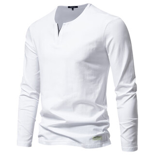 Mlb&ny trendy brand v-neck right shoulder long-sleeved t-shirt 2025 new t-shirt for men with loose t-shirt bottoming shirt henry collar top white s weight 90-120jin jin is equal to 0.5 kg