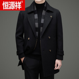 Hengyuanxiang high-end cashmere coat men's mid-length double-breasted thickened white goose down lining woolen coat black 2xl 185 recommended 165jin jin equals 0.5kg -185jin jin equals 0.5kg