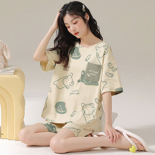女士纯棉睡衣女款夏季短袖短裤两件式套装薄款网红风夏天可爱居家 AM-25229 M M