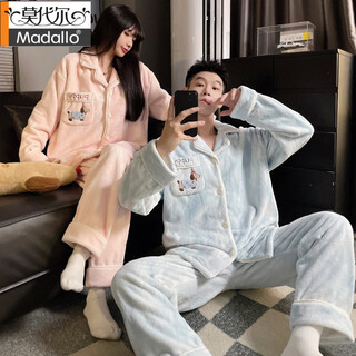 Modal autumn and winter coral fleece couple pajamas women's plus velvet thickened 2025 new cartoon dachshund men's home clothes set dachshund men's blue * women's pink couples need to take two sets l female recommended height 155-165c, weight 100-115jin jin equals 0.5 kg