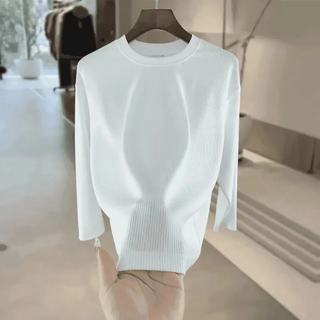 2025 autumn and winter new vertical striped spandex sweater light luxury round neck men's warm bottoming shirt white one size 2xl (150-165jin jin is equal to 0.5kg)