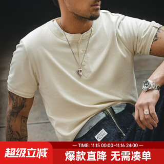 Madden workwear henley short-sleeved men's summer and autumn heavyweight pure cotton breathable half-sleeved bottoming shirt american retro men's t-shirt apricot white l