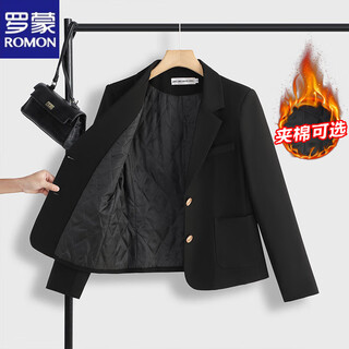 Romon padded black suit jacket for women autumn and winter thickened 2025 new short style small high-end casual small suit black suit (padded) s