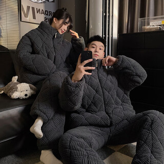 Victoria's style new couple's pajamas for women in winter, three-layer thickened quilted, coral velvet warm home clothes for men and women, dark gray zipper, m female (recommended height 150-155cm, weight 80-90jin jin equals 0.5 kg