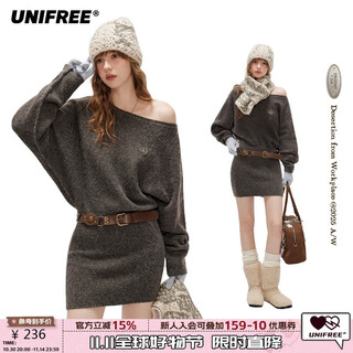 UNIFREE复古灰色长袖连衣裙早秋修身针织斜肩慵懒新款包臀裙 灰色 均码