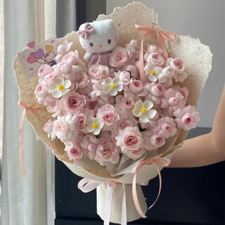 Huawang flowers delivers within one hour in the same city, pink rose bouquet, birthday gift for best friend, girlfriend, birthday gift for girls, same-day delivery, sweet girl in the world, 10 fairy kisses + kitty | jdb13