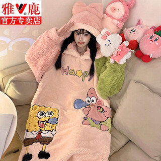 Yalu coral velvet pajamas for women winter one-piece autumn and winter plus velvet thickened cartoon cute long-sleeved flannel hooded home 5416 spongebob squarepants 2xl (175) cm140-170jin jin equals 0.5 kg