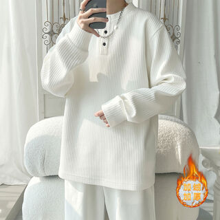 Men's 2025 new henley collar white inner bottoming shirt men's autumn and winter velvet thickened long-sleeved t-shirt sweatshirt 2 white velvet m m