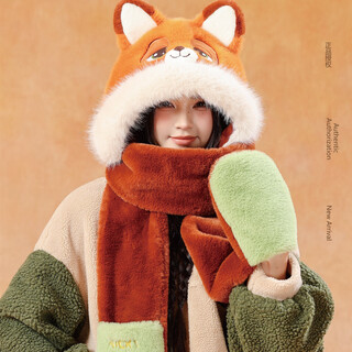 Zootopia fox nick scarf hat gloves three-in-one winter scarf women's valentine's day birthday gift nick fox scarf hat gloves three-in-one genuinely authorized 10-12 years old girls children new year's birthday valentine's day gifts for girlfriends and wife