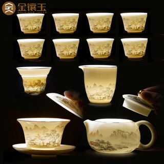 Gold inlaid jade mutton fat jade porcelain kung fu tea set household ceramic white porcelain teapot tea cup tea set gift box xishi pot ink river goat fat jade porcelain set