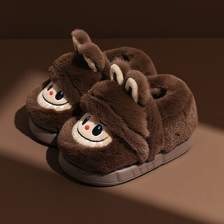 Labubu children's cotton slippers winter boys and girls indoor warm cartoon velvet anti-slip cotton shoes with heel dark brown color 20 inner length cm 210 size suitable for feet length 19cm