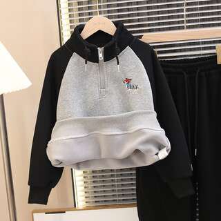 Goyn children's clothing boys winter all-in-one velvet sweatshirt 2025 new medium and large children's autumn and winter boys' thickened top trendy gray velvet sweatshirt 120 cm