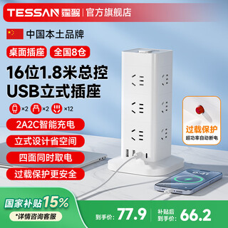 Tingsheng vertical socket/socket strip/socket strip/socket board/terminal board/pull line board/master control 1.8 meters overload protection 12-bit ac jack 2usb-a+2type-c