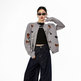 Ich mode american knitted sweater cardigan women's autumn and winter sweater light luxury jacket top base layer short lazy style gray l