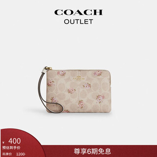 Coach outlet women's bag classic logo floral print corner zipper wristbag im/sand yellow mixed color
