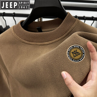 Jeep heavyweight thickened polar fleece sweater men's winter 2025 new fleece bottoming shirt men's round neck warm plus velvet inner camel 2xl /180