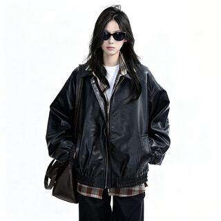 Bombshell christmas american retro style double layer leather jacket 2025 autumn and winter black street motorcycle wear heavy loose slim jacket american retro double layer leather jacket black one size suitable (90-120)