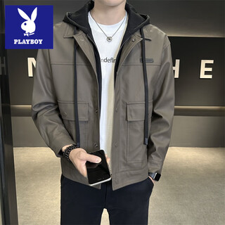 Playboy leather jacket for men 2025 new autumn and winter trendy brand handsome american fake two-piece detachable hooded plus fleece leather jacket light brown 4xl